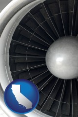 california map icon and a jet aircraft engine and its turbofan blades