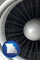 missouri map icon and a jet aircraft engine and its turbofan blades