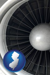 new-jersey map icon and a jet aircraft engine and its turbofan blades