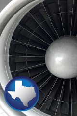 texas map icon and a jet aircraft engine and its turbofan blades
