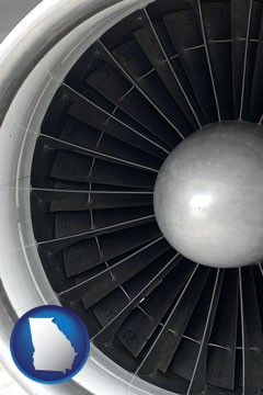a jet aircraft engine and its turbofan blades - with Georgia icon