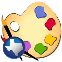 texas map icon and art supplies, consisting of brushes, paint, and a palette