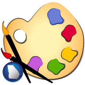 art supplies, consisting of brushes, paint, and a palette - with Georgia icon
