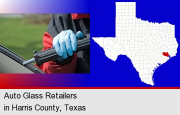 an automobile windshield repair; Harris County highlighted in red on a map