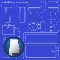alabama map icon and a bathroom fixtures blueprint