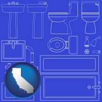 california map icon and a bathroom fixtures blueprint
