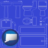 connecticut map icon and a bathroom fixtures blueprint