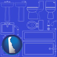 delaware map icon and a bathroom fixtures blueprint