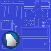 georgia map icon and a bathroom fixtures blueprint
