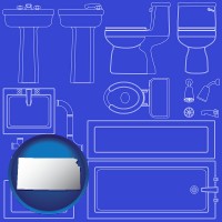kansas map icon and a bathroom fixtures blueprint