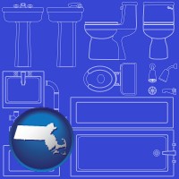 massachusetts map icon and a bathroom fixtures blueprint