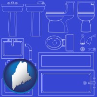maine map icon and a bathroom fixtures blueprint
