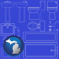 michigan map icon and a bathroom fixtures blueprint