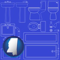 mississippi map icon and a bathroom fixtures blueprint
