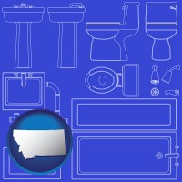 montana map icon and a bathroom fixtures blueprint