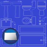 north-dakota map icon and a bathroom fixtures blueprint