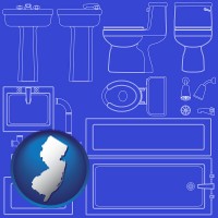 new-jersey map icon and a bathroom fixtures blueprint