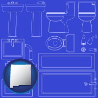 new-mexico map icon and a bathroom fixtures blueprint