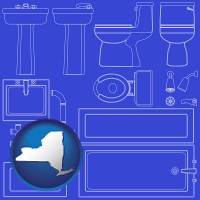 new-york map icon and a bathroom fixtures blueprint