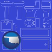 oklahoma map icon and a bathroom fixtures blueprint