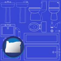 oregon map icon and a bathroom fixtures blueprint