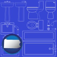 pennsylvania map icon and a bathroom fixtures blueprint
