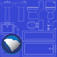 south-carolina map icon and a bathroom fixtures blueprint