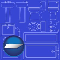 tennessee map icon and a bathroom fixtures blueprint