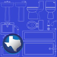 texas map icon and a bathroom fixtures blueprint