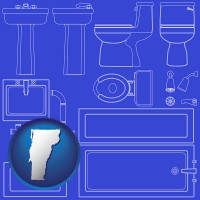 vermont map icon and a bathroom fixtures blueprint