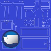 washington map icon and a bathroom fixtures blueprint