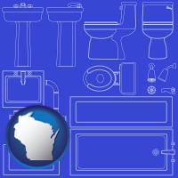 wisconsin map icon and a bathroom fixtures blueprint