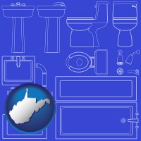 west-virginia map icon and a bathroom fixtures blueprint