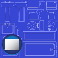 wyoming map icon and a bathroom fixtures blueprint