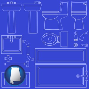 a bathroom fixtures blueprint - with Alabama icon