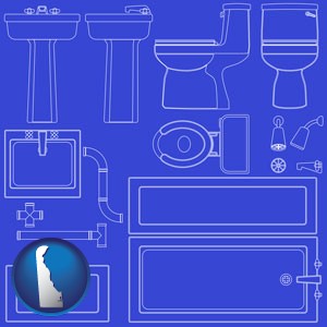 a bathroom fixtures blueprint - with Delaware icon