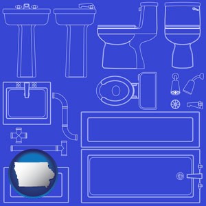 a bathroom fixtures blueprint - with Iowa icon
