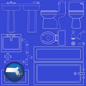 a bathroom fixtures blueprint - with Massachusetts icon