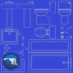 a bathroom fixtures blueprint - with Maryland icon