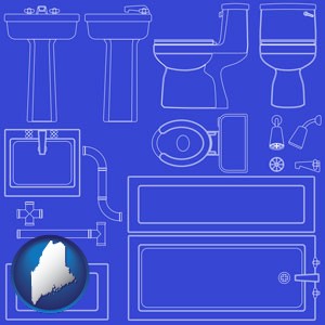 a bathroom fixtures blueprint - with Maine icon