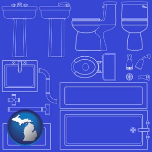a bathroom fixtures blueprint - with Michigan icon