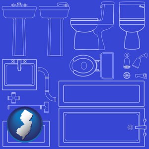 a bathroom fixtures blueprint - with New Jersey icon