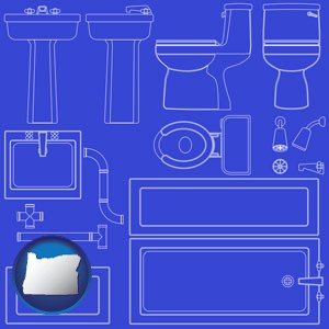 a bathroom fixtures blueprint - with Oregon icon