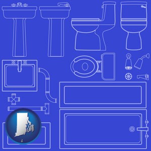 a bathroom fixtures blueprint - with Rhode Island icon