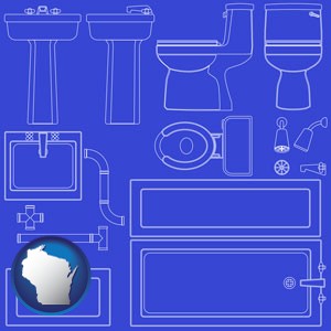 a bathroom fixtures blueprint - with Wisconsin icon