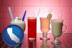 california map icon and four beverages
