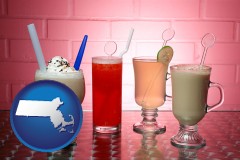 massachusetts map icon and four beverages
