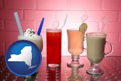 new-york map icon and four beverages