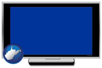 a big screen television with a blue screen - with West Virginia icon