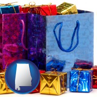 alabama map icon and gift bags and boxes